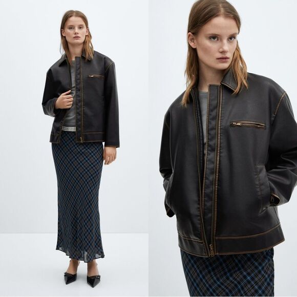 NEW Mango Oversized Worn-Effect Leather Jacket - Picture 1 of 16